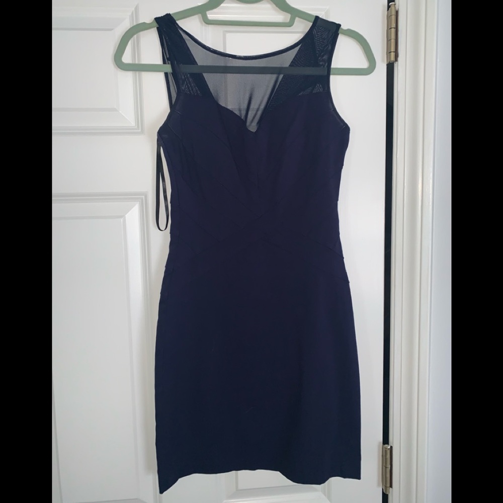 Blue cocktail dress with mesh top